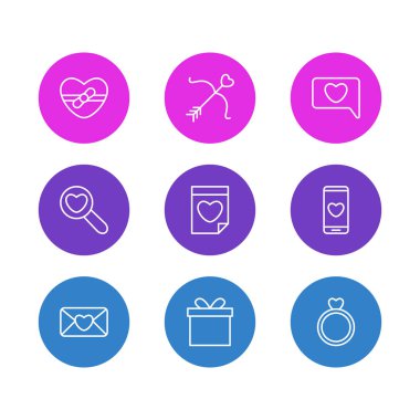 9 aşk simgeler vektör Illustration. Smartphone, aşk tanrısı, hediye ve diğer öğeleri düzenlenebilir paketi.