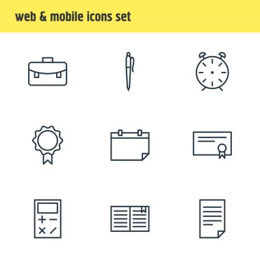 9 çalışmalar simgeler vektör Illustration. Hesaplama, Tarih, saat ve diğer öğelerin düzenlenebilir sürüsü.