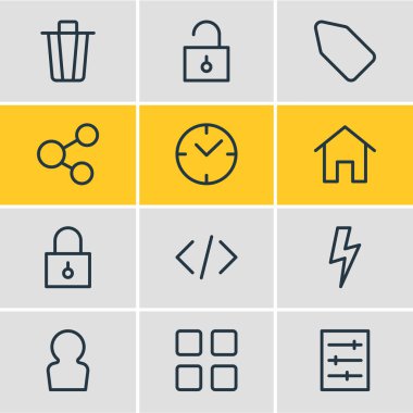 12 uygulama simgeler vektör Illustration. Asma kilit, House, seçenek ve diğer öğeleri düzenlenebilir paketi.