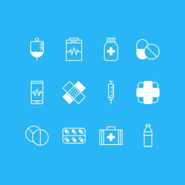 12 sağlık simgeler vektör Illustration. İlk yardım çantası, antikor, plastik şişe ve diğer öğeleri düzenlenebilir paketi.