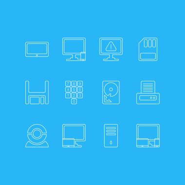12 bilgisayar simgeler vektör Illustration. Telefonun bilgisayar, becerikli, uyarı ve diğer öğeleri yakınındaki düzenlenebilir paketi.
