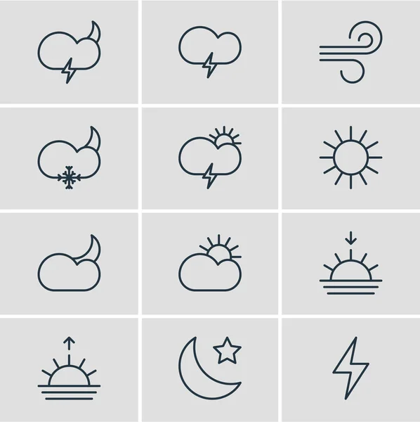 Ilustração vetorial de 12 ícones da atmosfera. Pacote editável de fulminante, sol, luz solar e outros elementos . — Vetor de Stock
