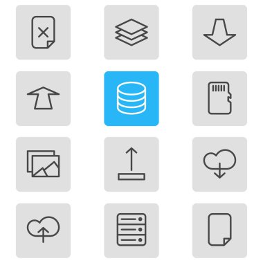 12 depolama simgeler vektör Illustration. Katman, Kaldır, bellek ve diğer öğeleri düzenlenebilir paketi.