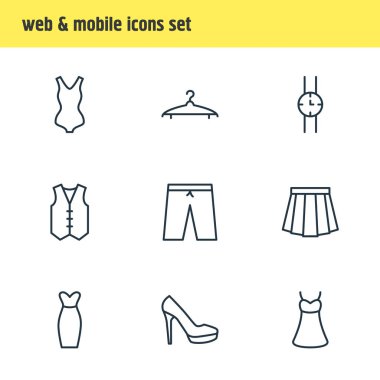 9 giysi simgeler vektör Illustration. Sandal, gece elbisesi, yelek öğelerin düzenlenebilir paketi.