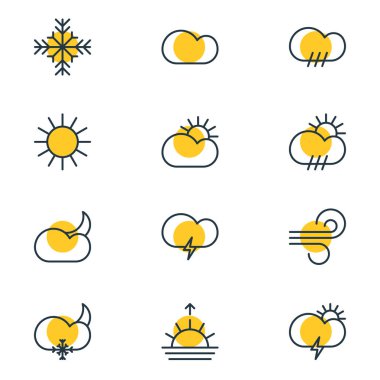 12 gökyüzü simgeler vektör Illustration. Fulminan düzenlenebilir paket, güneş ışığı, kar ve diğer öğeleri.