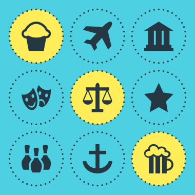 9 harita simgeler vektör Illustration. Yer işareti, Üniversitesi, bira bardağı ve diğer öğeleri düzenlenebilir paketi.