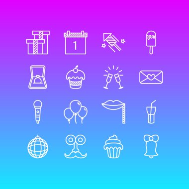 16 parti simgeler vektör Illustration. Meşrubat, Cupcake, kadehi ve diğer öğeleri düzenlenebilir paketi.