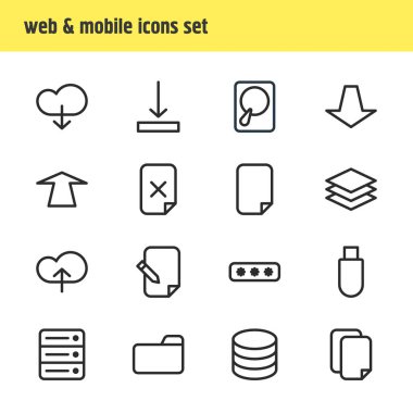 16 Arşiv simgeler vektör Illustration. Bulut, veritabanının, Hdd ve diğer öğeleri düzenlenebilir paketi.