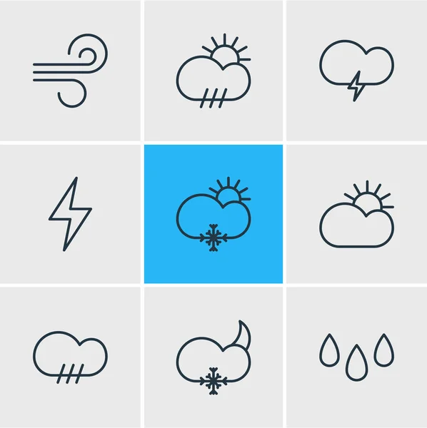 Ilustración vectorial de 9 iconos de la atmósfera. Paquete editable de relámpagos, sol, lluvia y otros elementos . — Vector de stock