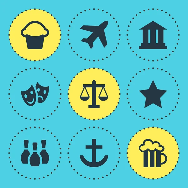 9 harita simgeler vektör Illustration. Yer işareti, Üniversitesi, bira bardağı ve diğer öğeleri düzenlenebilir paketi.