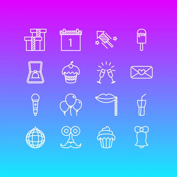 Vector Illustration of 16 Party Icons (dalam bahasa Inggris). Sebungkus Minuman Lembut, Cupcake, Goblet Dan Elemen Lainnya . - Stok Vektor