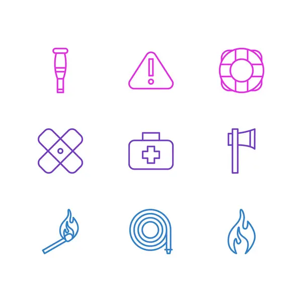 Ilustración vectorial de 9 iconos de emergencia. Paquete editable de adhesivo, hacha, caso médico y otros elementos . — Archivo Imágenes Vectoriales