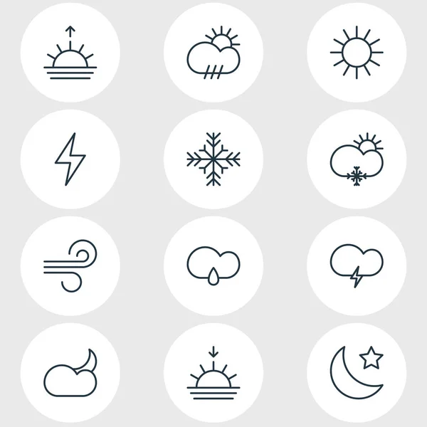 Vector Illustration Of 12 Weather Icons. Editable Pack Of Breeze, Lightning, Rain And Other Elements. — Stock Vector