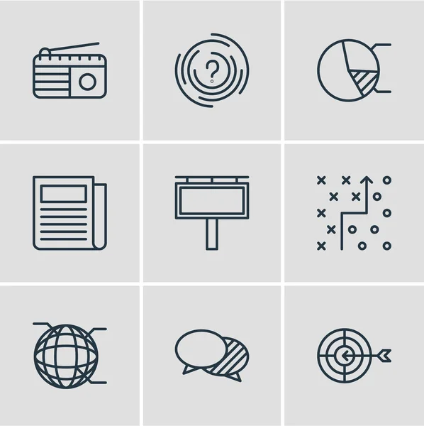 Ilustración vectorial de 9 iconos publicitarios. Paquete editable de diagrama de círculo, discusión, meta y otros elementos . — Archivo Imágenes Vectoriales