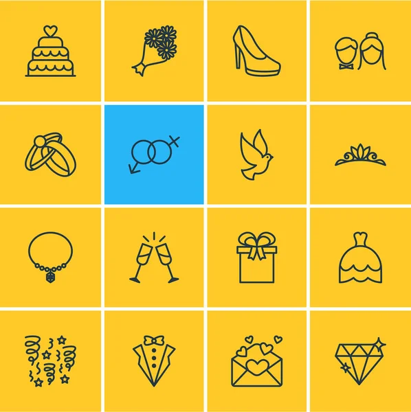 16 düğün simgeler vektör Illustration. Nişan, gelin buketi, güvercin ve diğer öğeleri düzenlenebilir paketi.