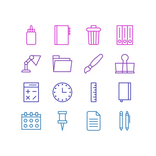 Ilustración vectorial de 16 iconos de papelería. Paquete editable de lápiz, fecha, reloj y otros elementos . — Vector de stock