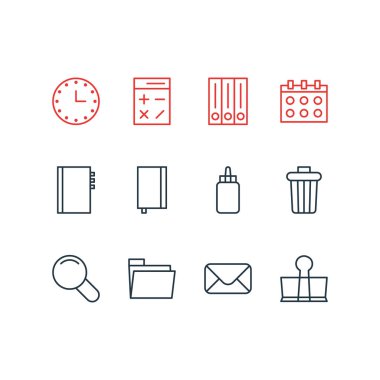 12 araçları simgeler vektör Illustration. Mektup, ders kitabı, arşiv ve diğer öğeleri düzenlenebilir paketi.