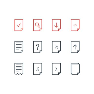 12 belge simgeler vektör Illustration. Düzenlenebilir paket bitmiş, Kaldır, soru ve diğer öğeleri.