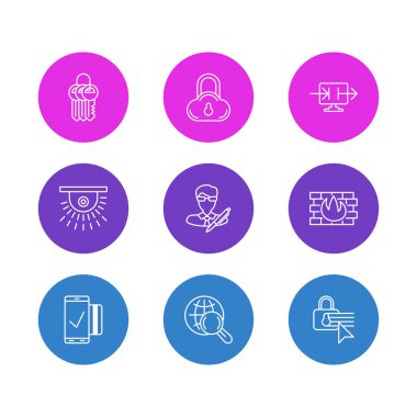 9 gizlilik simgeler vektör Illustration. Güvenli depolama, anahtar toplama, telif hakkı ve diğer öğeleri düzenlenebilir paketi.