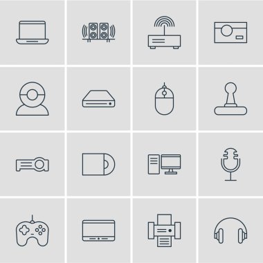 16 donanım simgeler vektör Illustration. Düzenlenebilir paket Fotoğrafçılık, Joypad, hoparlör ve diğer öğeleri.