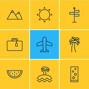 9 yaz simgeler vektör Illustration. Hill, ada, Palm öğelerin düzenlenebilir paketi.
