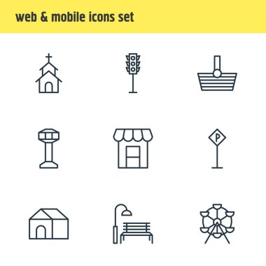 9 genel simgeler vektör Illustration. Yol işaret, Bina, dönme dolap ve diğer öğeleri düzenlenebilir paketi.