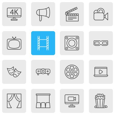 16 film simgeler vektör Illustration. Film şeridi, kamera, tokmağı ve diğer öğeleri düzenlenebilir paketi.