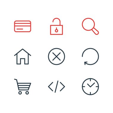 9 App simgelerin vektör çizim. Büyüteç, asma kilit, yeniden yükle ve diğer öğeleri düzenlenebilir paketi.