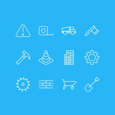 12 inşaat simgeler vektör Illustration. Dişli, balta, dikkat ve diğer öğeleri düzenlenebilir paketi.