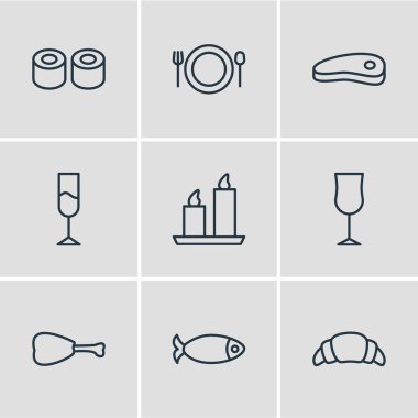 9 Restoran simgeler vektör Illustration. Bardağı, yangın balmumu, bacak ve diğer öğeleri düzenlenebilir paketi.