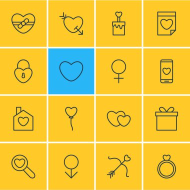 16 aşk simgeler vektör Illustration. Büyüteç, Hediyelik, dekorasyon ve diğer öğeleri düzenlenebilir paketi.
