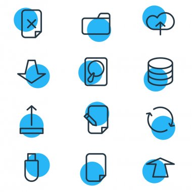 12 Arşiv simgeler vektör Illustration. Düzenlenebilir Pack dosyası, yükleme, kaldırma ve diğer öğeleri.