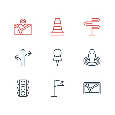 9 yer simgeler vektör Illustration. Dikkatli olun, yön tabelası, flama ve diğer öğeleri düzenlenebilir sürüsü.