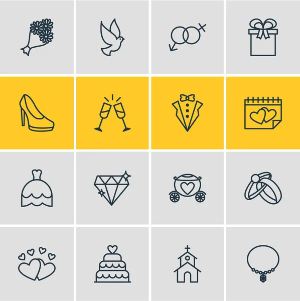 Ilustração vetorial de 16 ícones de casamento. Pacote editável de buquê nupcial, símbolo de sexualidade, vinho e outros elementos . —  Vetores de Stock
