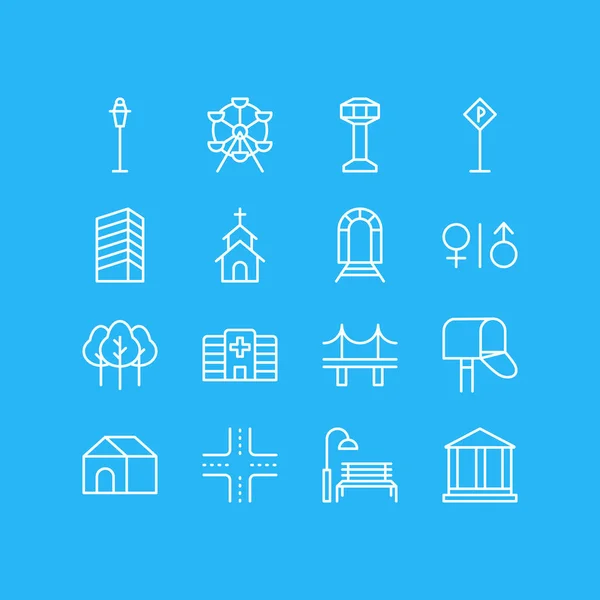 16 nyilvános ikonok vektoros illusztráció. Szerkeszthető Pack lámpaoszlop, Golden Gate, WC és egyéb elemek. — Stock Vector