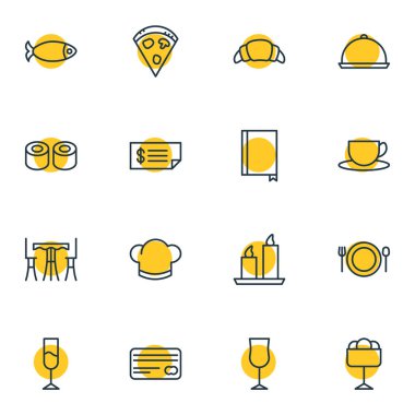 16 Restoran simgeler vektör Illustration. Kitap, kart, bardağı ve diğer öğeleri düzenlenebilir paketi.