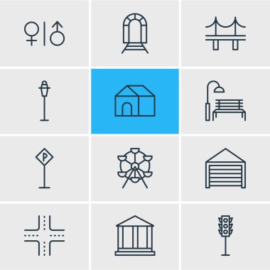 12 genel simgeler vektör Illustration. Tuvalet, tezgah, elektrik direği ve diğer öğeleri düzenlenebilir paketi.