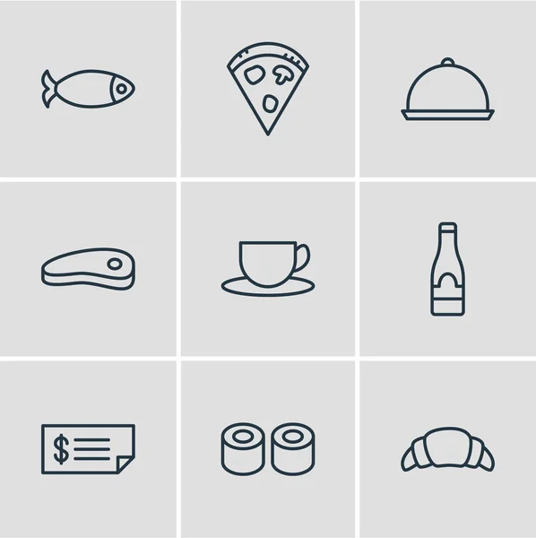 Ilustración vectorial de 9 iconos de la alimentación. Paquete editable de mariscos, bandeja, tocino y otros elementos . — Archivo Imágenes Vectoriales