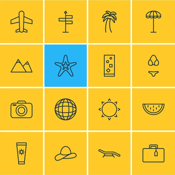 Ilustracja wektorowa 16 letnich ikon. Edytowalne Pack wyspy, słoneczny, elementy samolotu. — Wektor stockowy