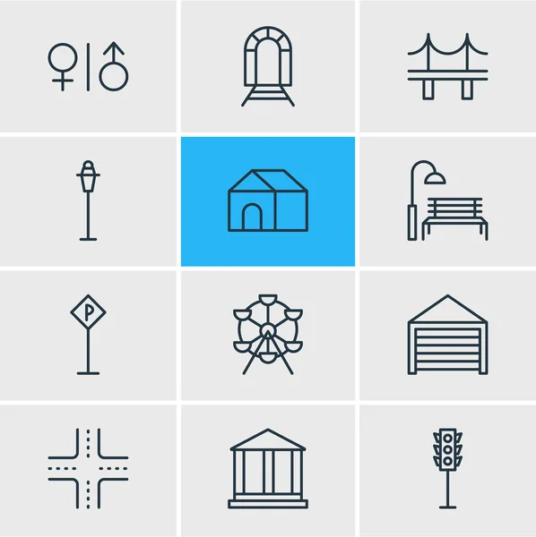 Vektorillustration von 12 öffentlichen Symbolen. editierbare Packung Toilette, Bank, Laternenpfahl und andere Elemente. — Stockvektor