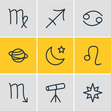 9 galaksi simgeler vektör Illustration. Zoom cam, Virgin, Archer ve diğer öğeleri düzenlenebilir paketi.