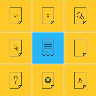 9 belge simgeler vektör Illustration. Internet, soru, komut dosyası ve diğer öğeleri düzenlenebilir paketi.