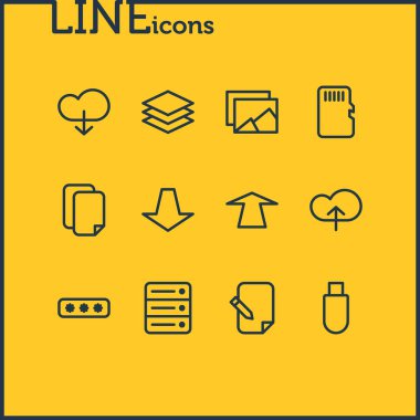 12 Arşiv simgeler vektör Illustration. Galeri, şartlı tahliye, bulut ve diğer öğeleri düzenlenebilir paketi.