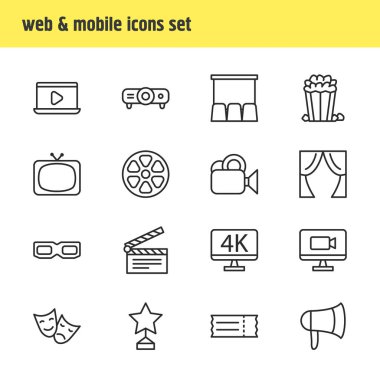 16 sinema simgeler vektör Illustration. Gözlükler, televizyon, kupon ve diğer öğeleri düzenlenebilir paketi.