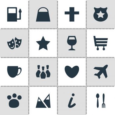 Check-In 16 simgeler vektör Illustration. Harita bilgi, polis, el çantası öğeleri düzenlenebilir sürüsü.