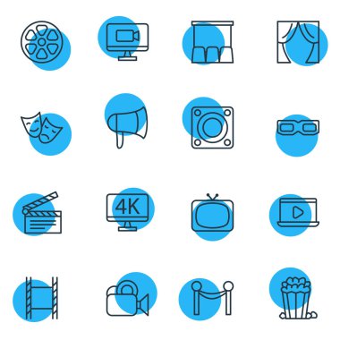 16 film simgeler vektör Illustration. Sinema çit, çözünürlük, Hall ve diğer öğeleri düzenlenebilir paketi.