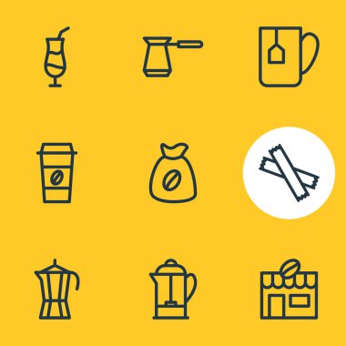 9 içki simgeler vektör Illustration. Düzenlenebilir paket tatlandırıcı, çanta, Mocha ve diğer öğeleri.