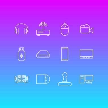 12 Gadget simgeler vektör Illustration. Usb kartı, oyun denetleyicisi, Pc ve diğer öğeleri düzenlenebilir paketi.