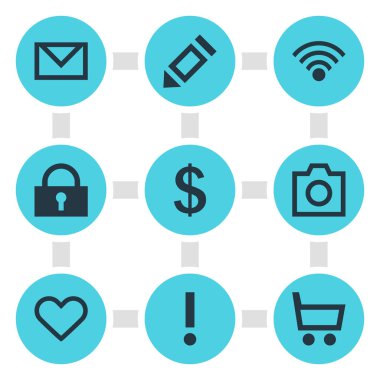 9 üye simgeler vektör Illustration. Anlık görüntü, asma kilit, uyarı ve diğer öğeleri düzenlenebilir paketi.