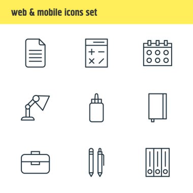 9 aletleri simgeler vektör Illustration. Portföy, defterini, ışığı ve diğer öğeleri düzenlenebilir paketi.